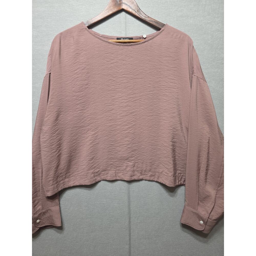Madewell N0458 Crop Top Womens L Dusty Rose Textured Overlap Back Long Sleeve